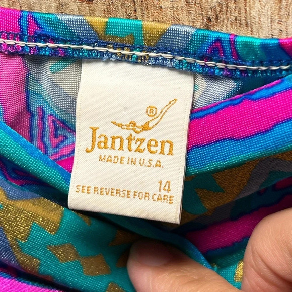 JANTZEN Vintage Metallic Bikini Women’s size 14 HiCut Aztec V-Front - Picture 3 of 13